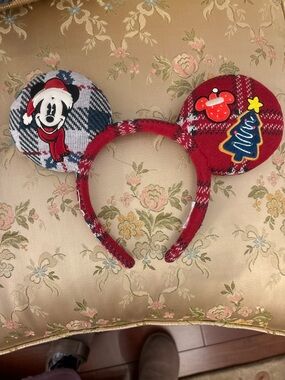 Disney Red Plaid Mickey Ears Headband with Holiday Patches